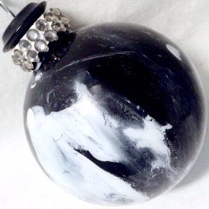 Handpainted Holiday Glass Ornament w/ Vintage Button & Rhinestones Black White